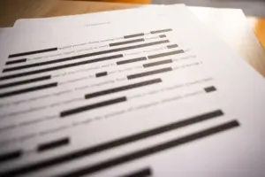 A document with blacked out words and phrases. 