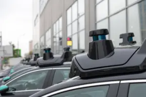A row of black self-driving cars.