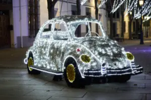 A car with bright Christmas lights on.