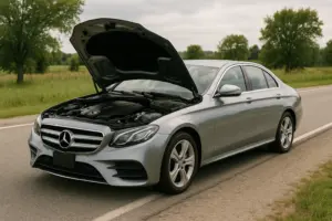 A light gray Mercedes Benz E Class parked on the side of the road with its hood up.
