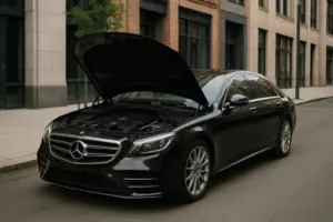 A black Mercedes Benz S Class parked somewhere in the city with its hood up.