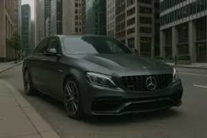 A black Mercedes Benz AMG series parked in the city.