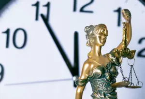 A statue of Lady Justice in front of a clock.