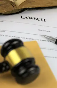 A close up of a lawsuit paperwork and a gavel.