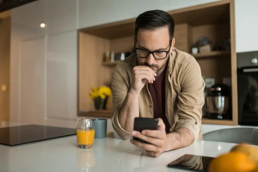 A man looking up lawyers on his phone.