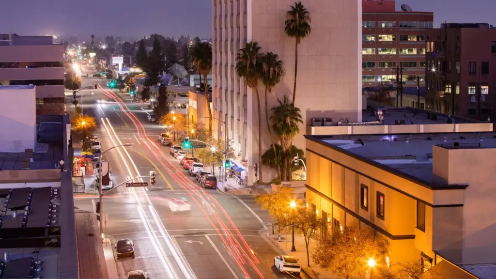 An overview shot of downtown Bakersfield at night.
