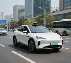 A self-driving car driving on the street.