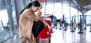 A stressed woman sitting down because she missed her flight.