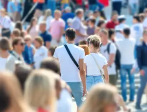 A couple walking in a crowd of people.