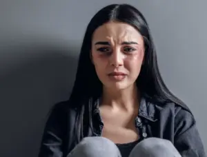 A close up of a sad woman with a bruised face.