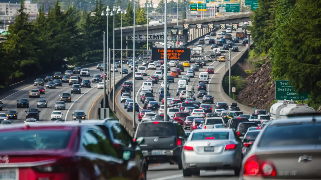 A shot of a congested freeway in Seattle, Washington.