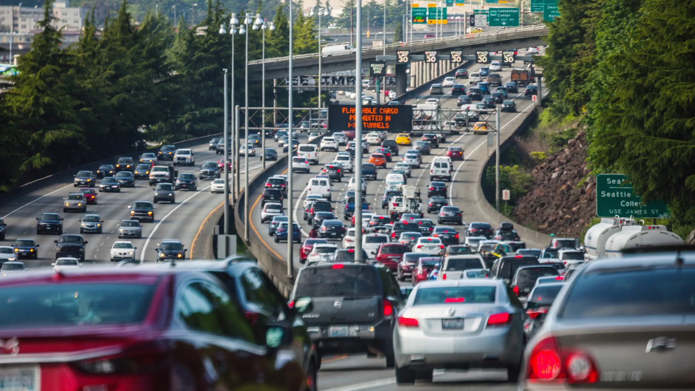 A shot of a congested freeway in Seattle, Washington.