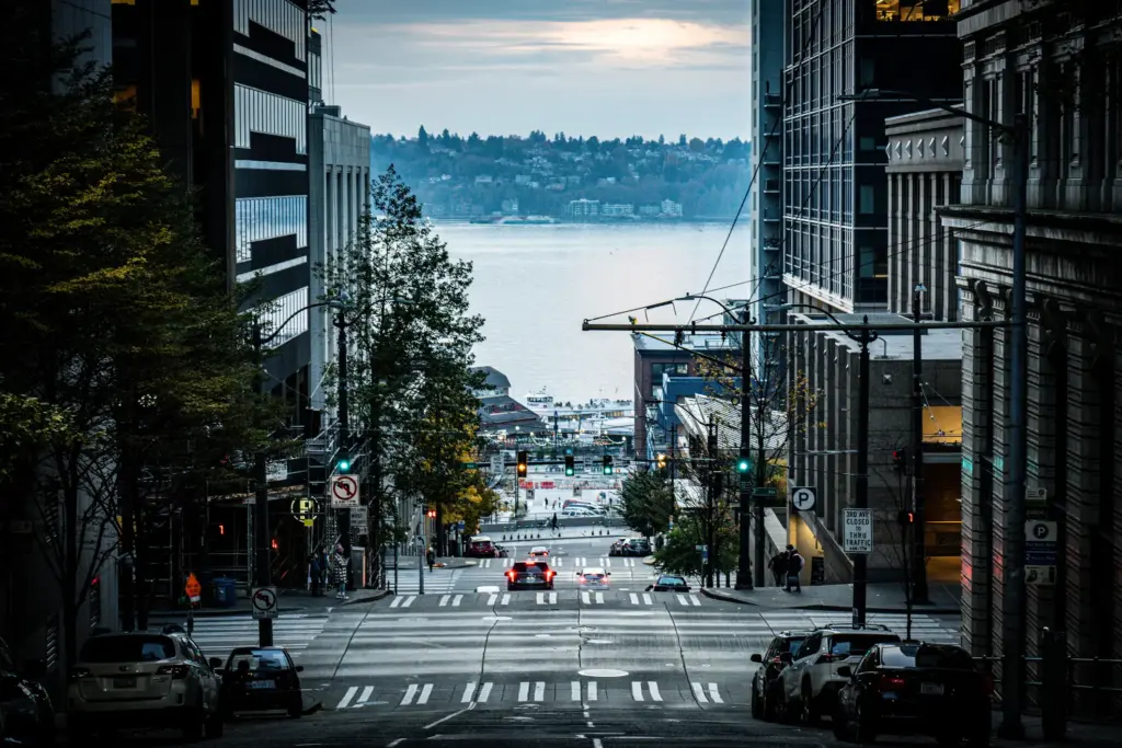 A shot of empty streets in downtown Seattle.