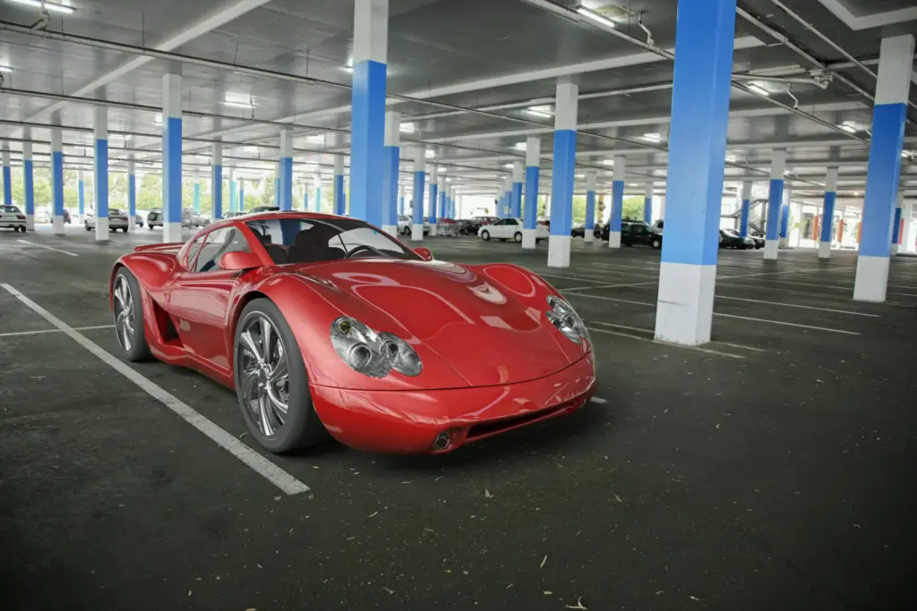 A luxury sports car parked in a parking structure.