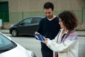 Two people exchanging information after a car accident.