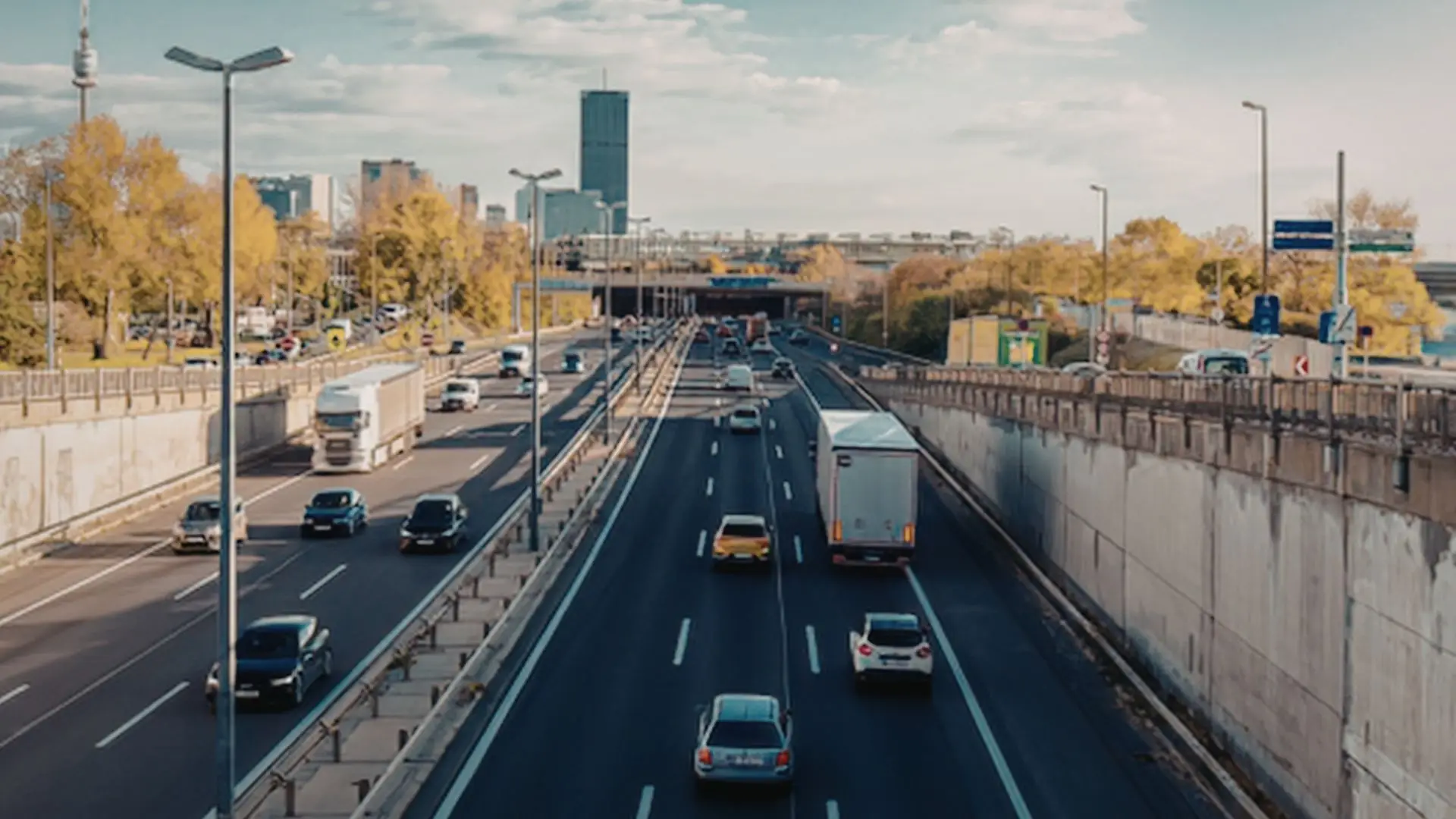 An overview shot of a busy highway in a city.