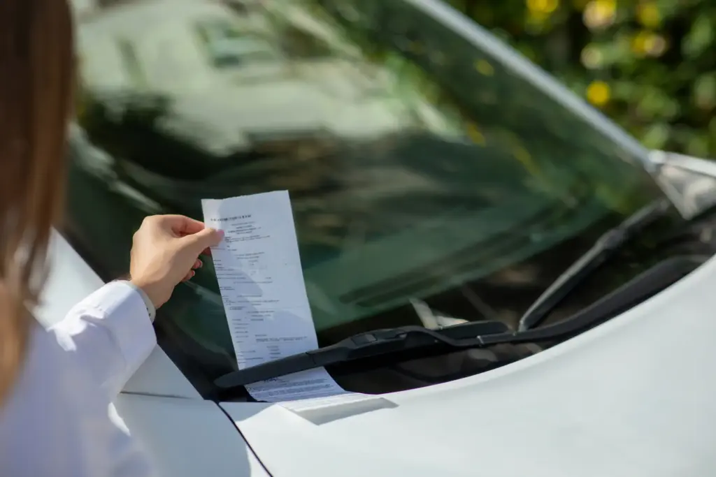 A woman discovering a ticket on her parked car.