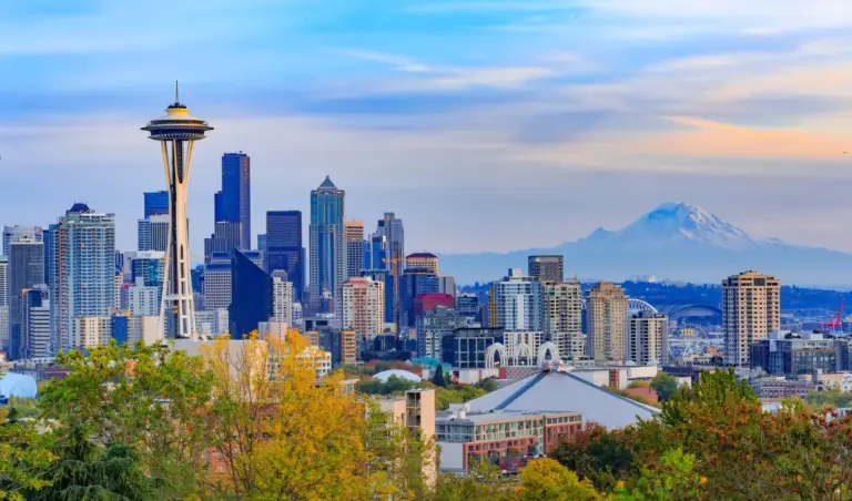 An overview shot of downtown Seattle and the Space Needle.