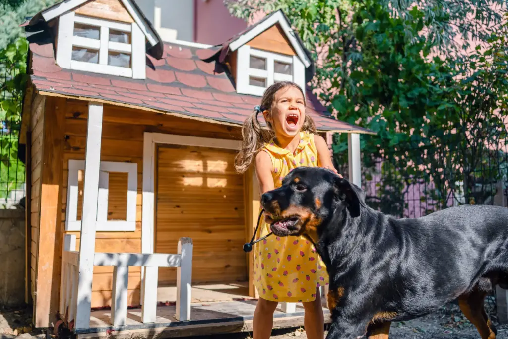 A big dog biting a little girl's hand.