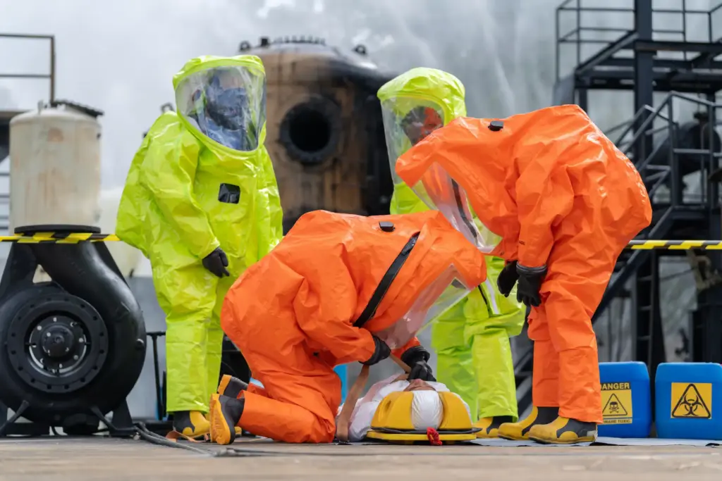 A group of people in hazmat suits taking care of a person.