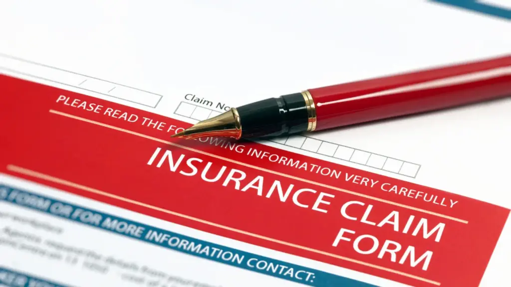 An insurance claim form with a pen on top.