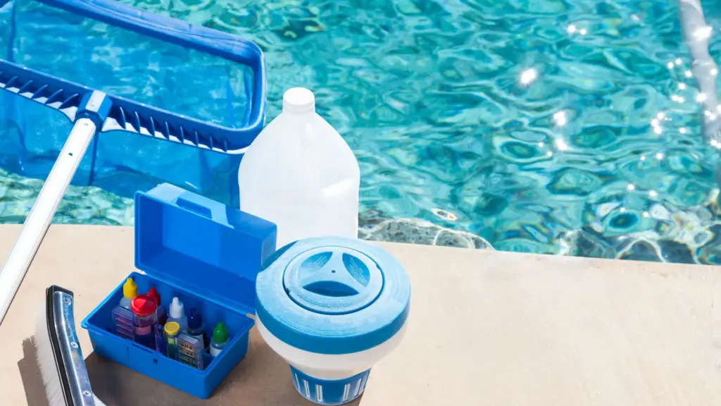 Pool cleaning supplies and chemicals.
