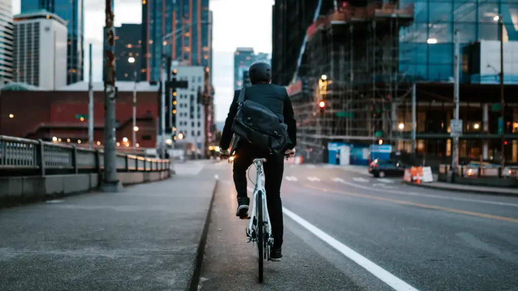 A Seattle bicyclist riding in the bike lane.