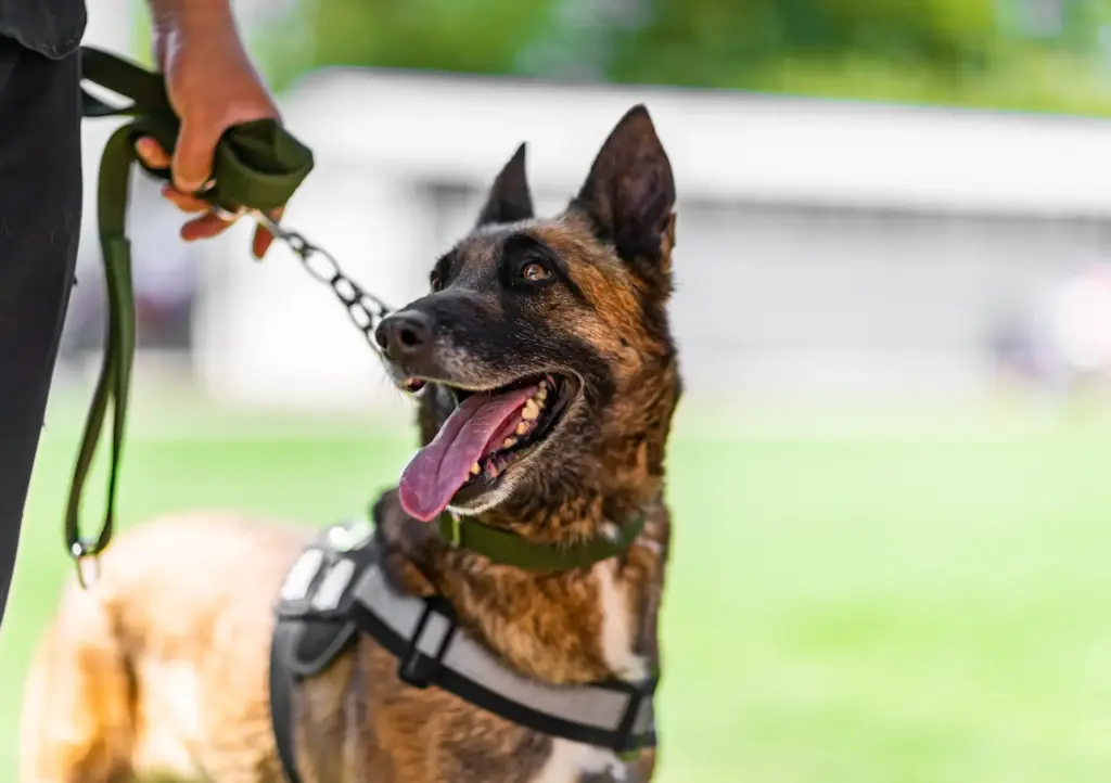 A person holding onto a German Shepard.