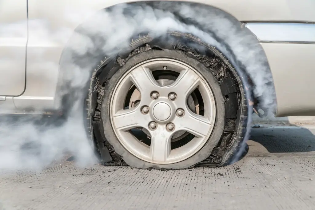 A car with a blown out tire that is smoking.