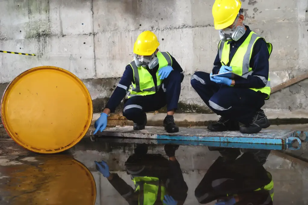 Two environmental safety workers conducting tests on a chemical spill.