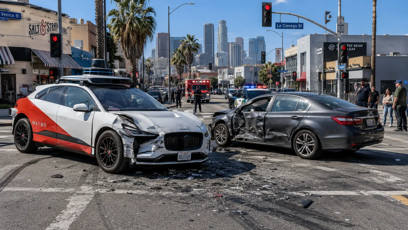A car accident scene in Los Angeles with a car and a self-driving car.