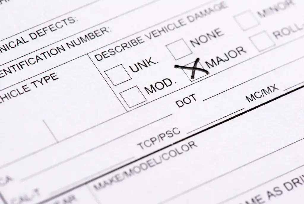 A police report with a "major accident type" box marked.