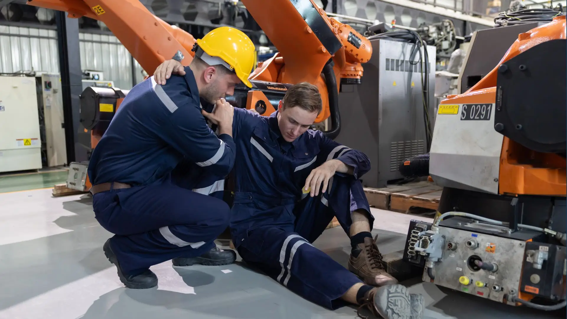 A worker helping an injured coworker get up.