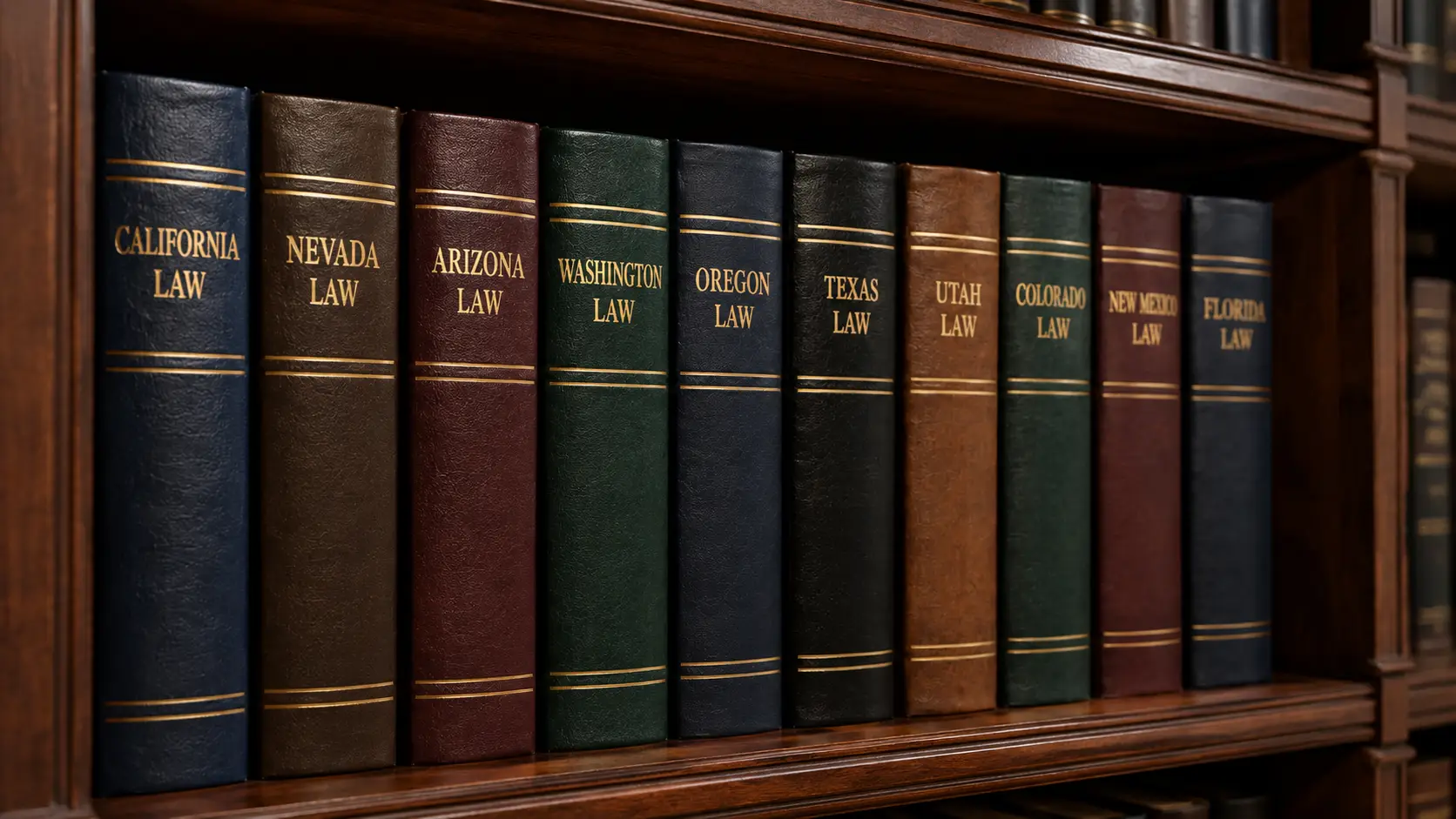 A bookshelf with various books addressing different state laws.