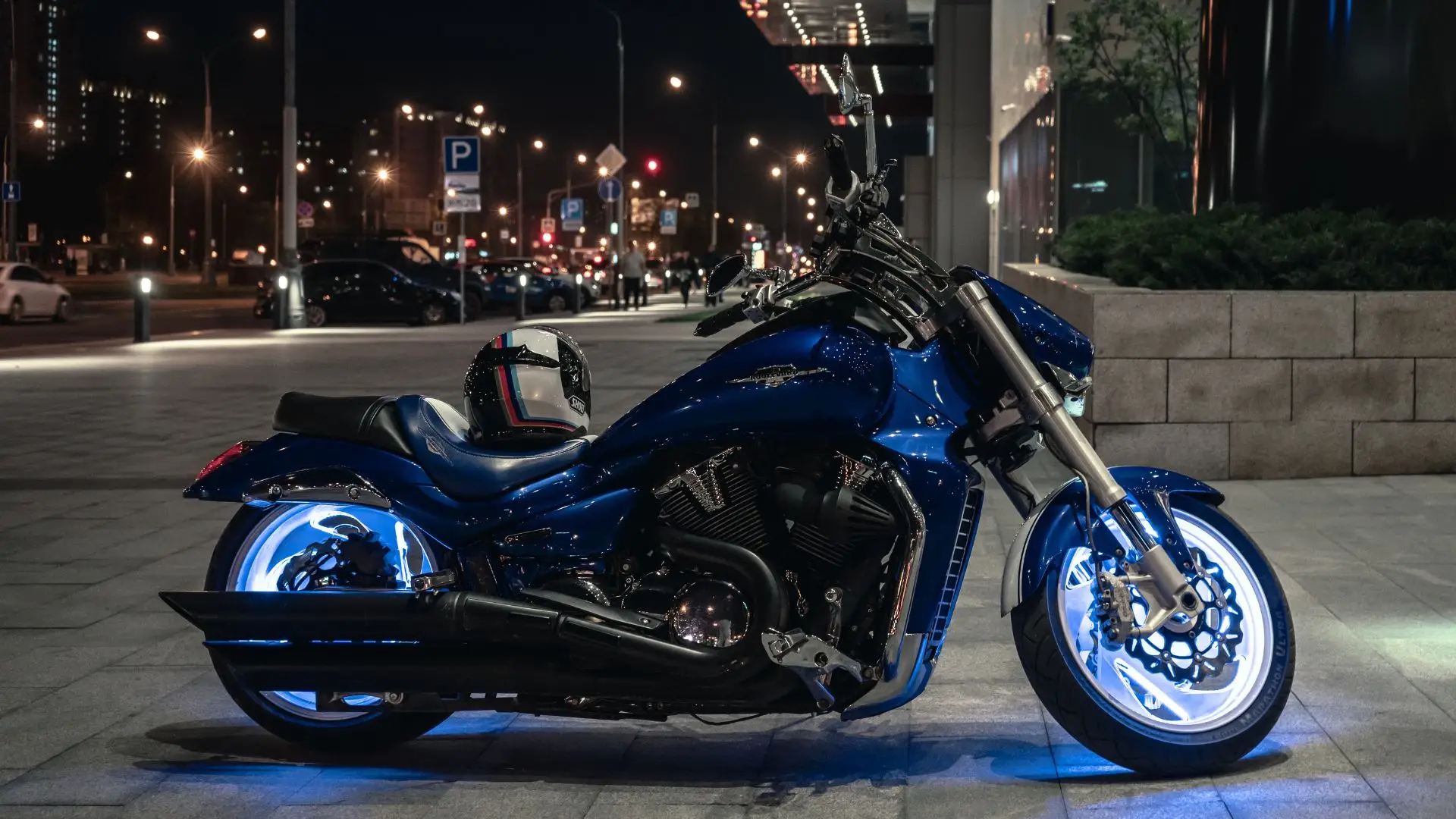 A motorcycle with custom lighting.