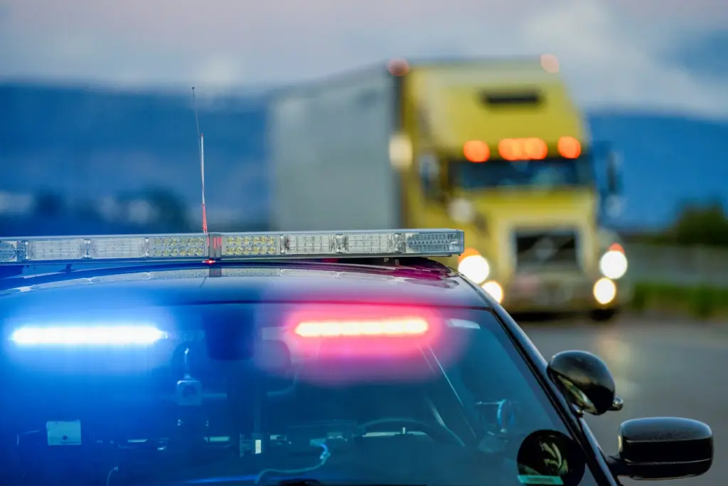 A police car with lit sirens and a truck driving by in the background.