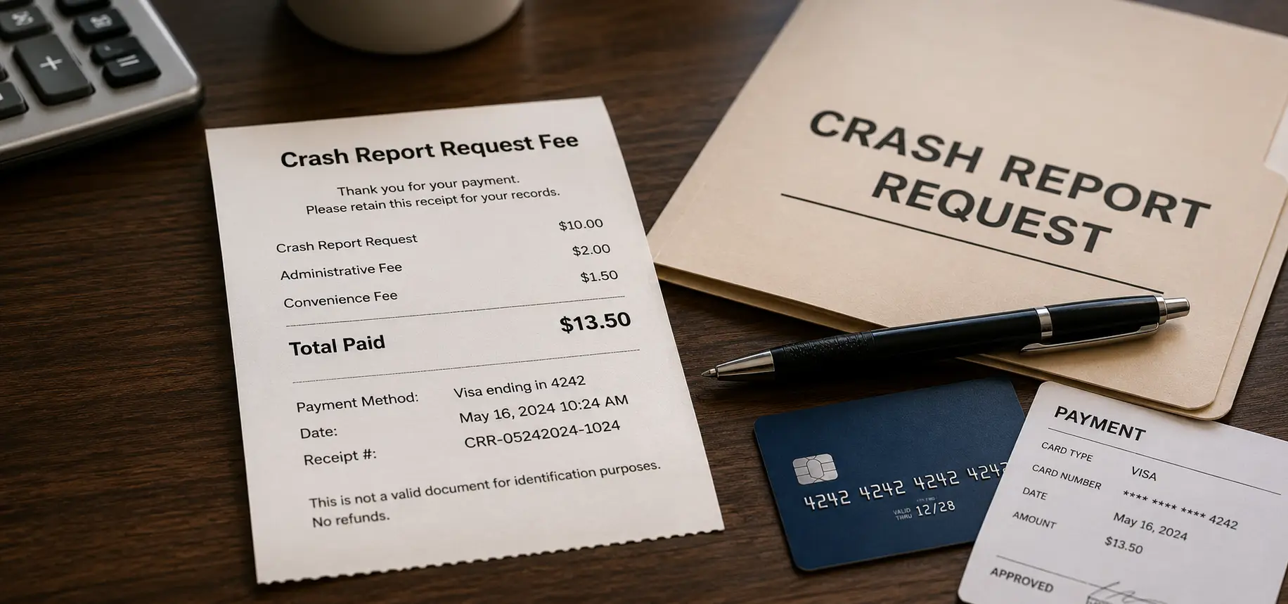 close-up of a printed receipt titled “Crash Report Request Fee” next to a report folder and pen.