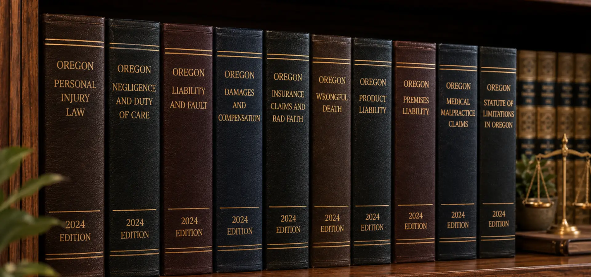 A row of legal books about Oregon's personal injury law on a book shelf.