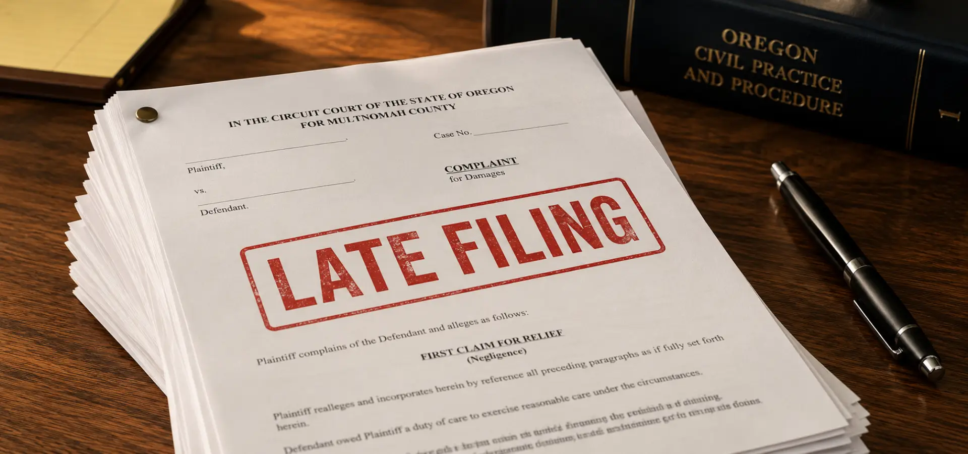 A stack of legal papers with a red stamp that says “Dismissed” or “Late Filing.”