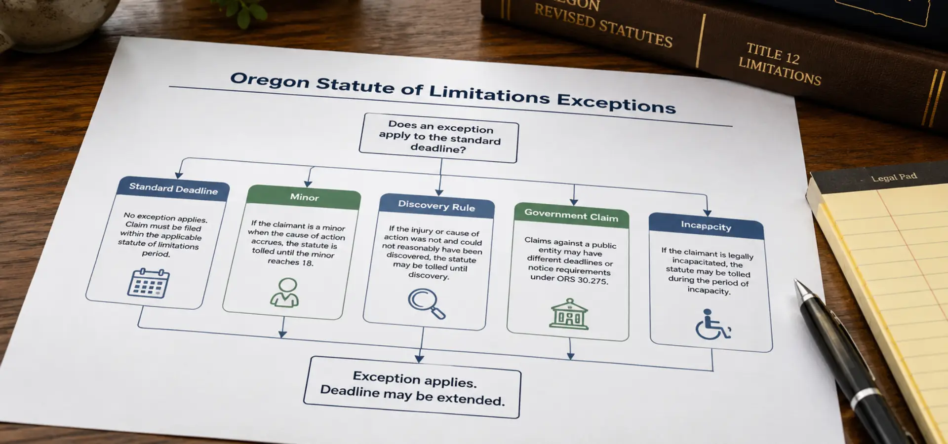 A desk scene showing a printed flowchart with branches like “Minor,” “Discovery Rule,” “Government Claim,” “Incapacity,” and “Standard Deadline.”