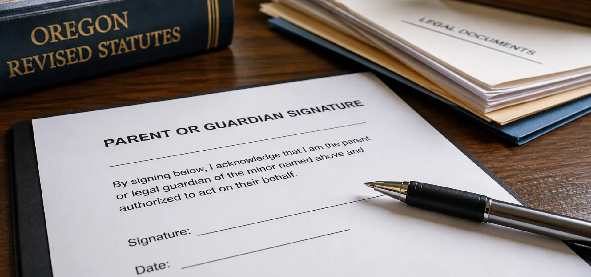 A close-up of a document line labeled “Parent or Guardian Signature” with a pen nearby.