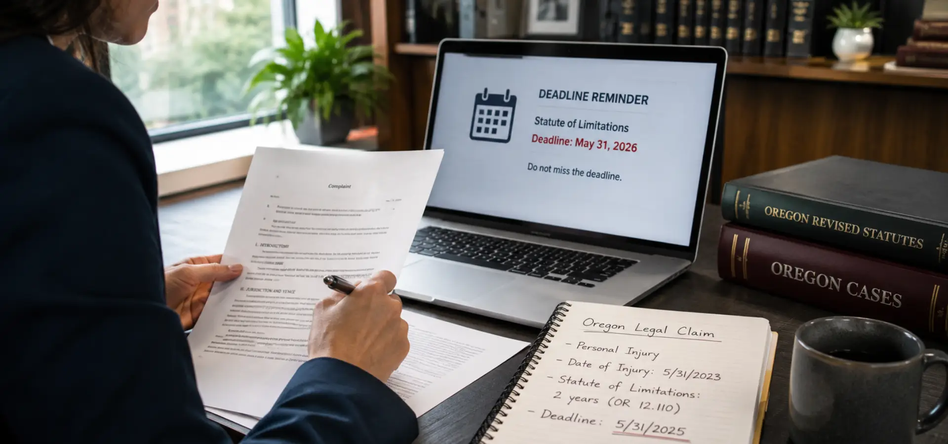 Someone at a desk reviewing legal documents, with a laptop screen showing a deadline reminder.