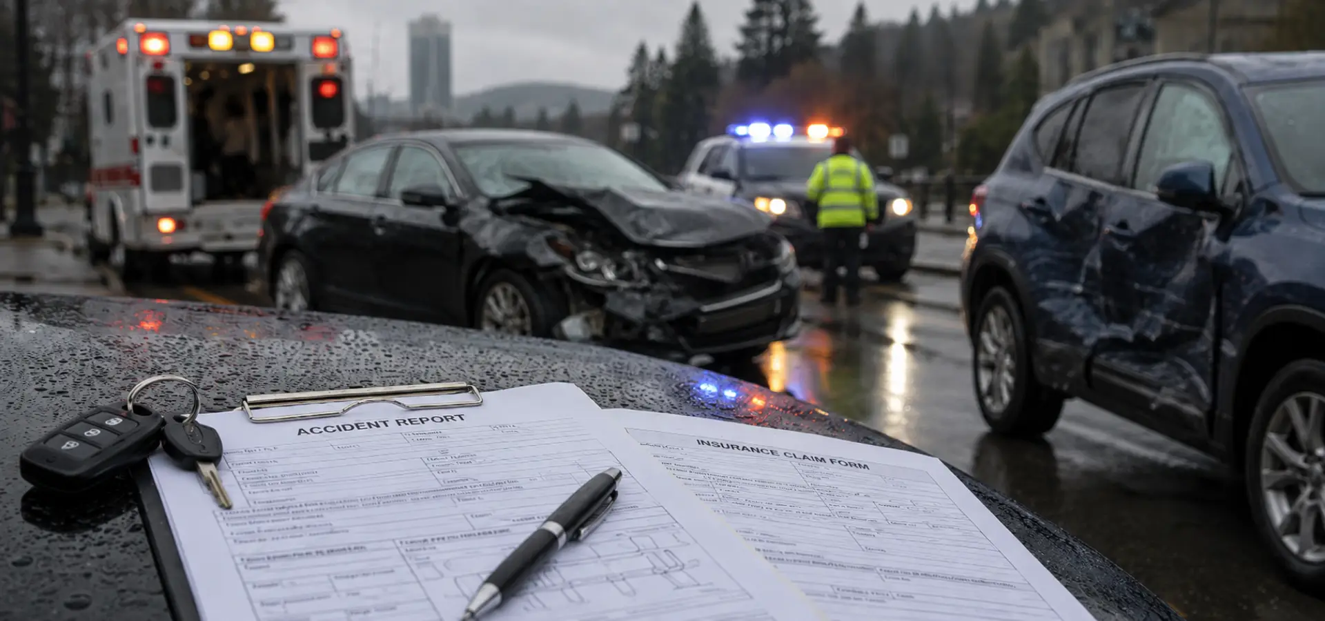 An ambulance and police vehicle blurred in the background, with an accident report and insurance form in the foreground.