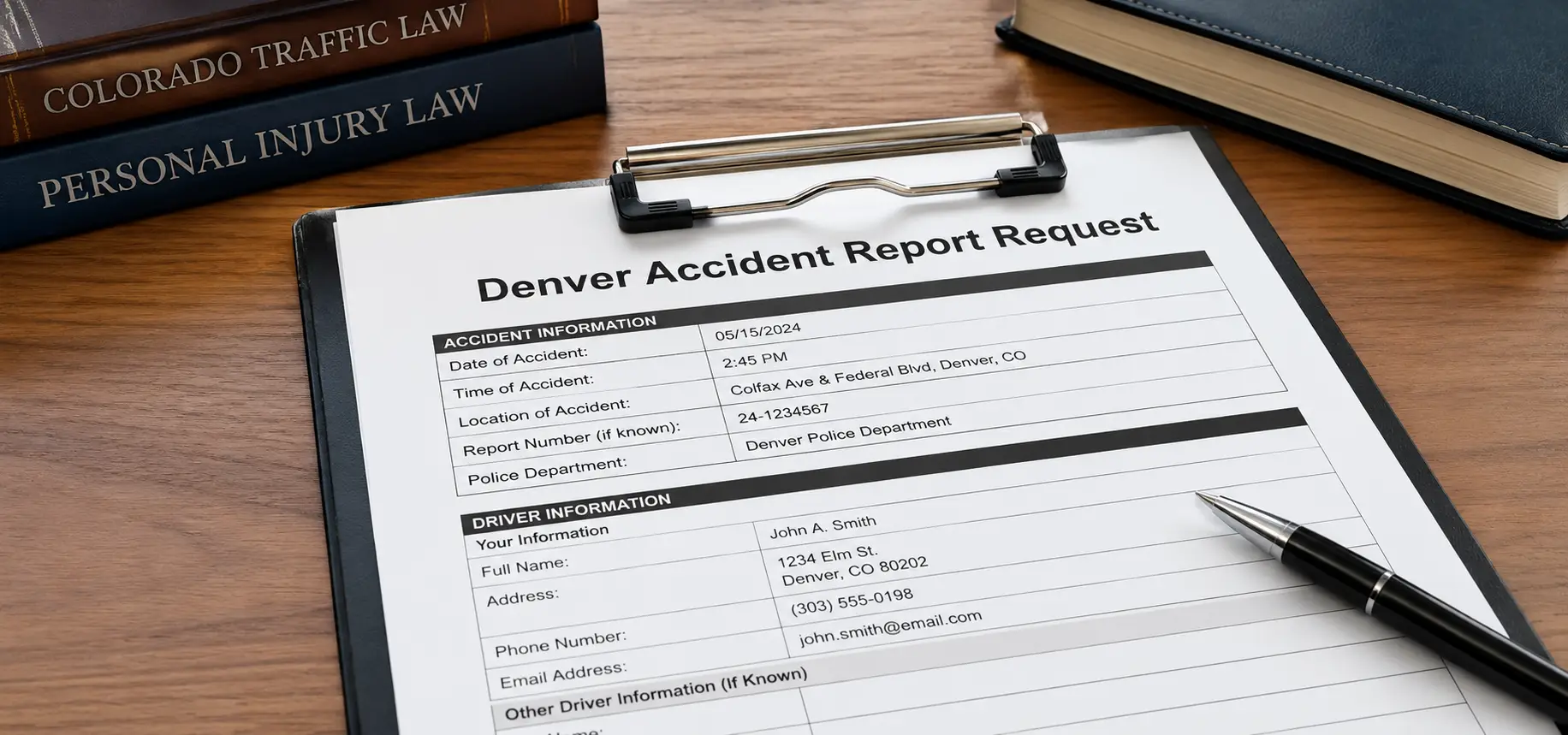 A close-up of a clipboard labeled “Denver Accident Report Request” with fields like date, location, report number, and driver information.