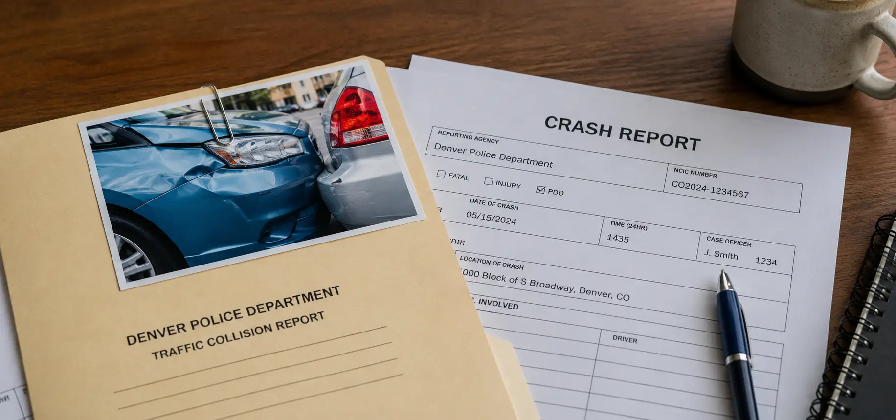 A report folder with a printed photo of minor vehicle damage paperclipped to it, alongside a document titled “Crash Report.”