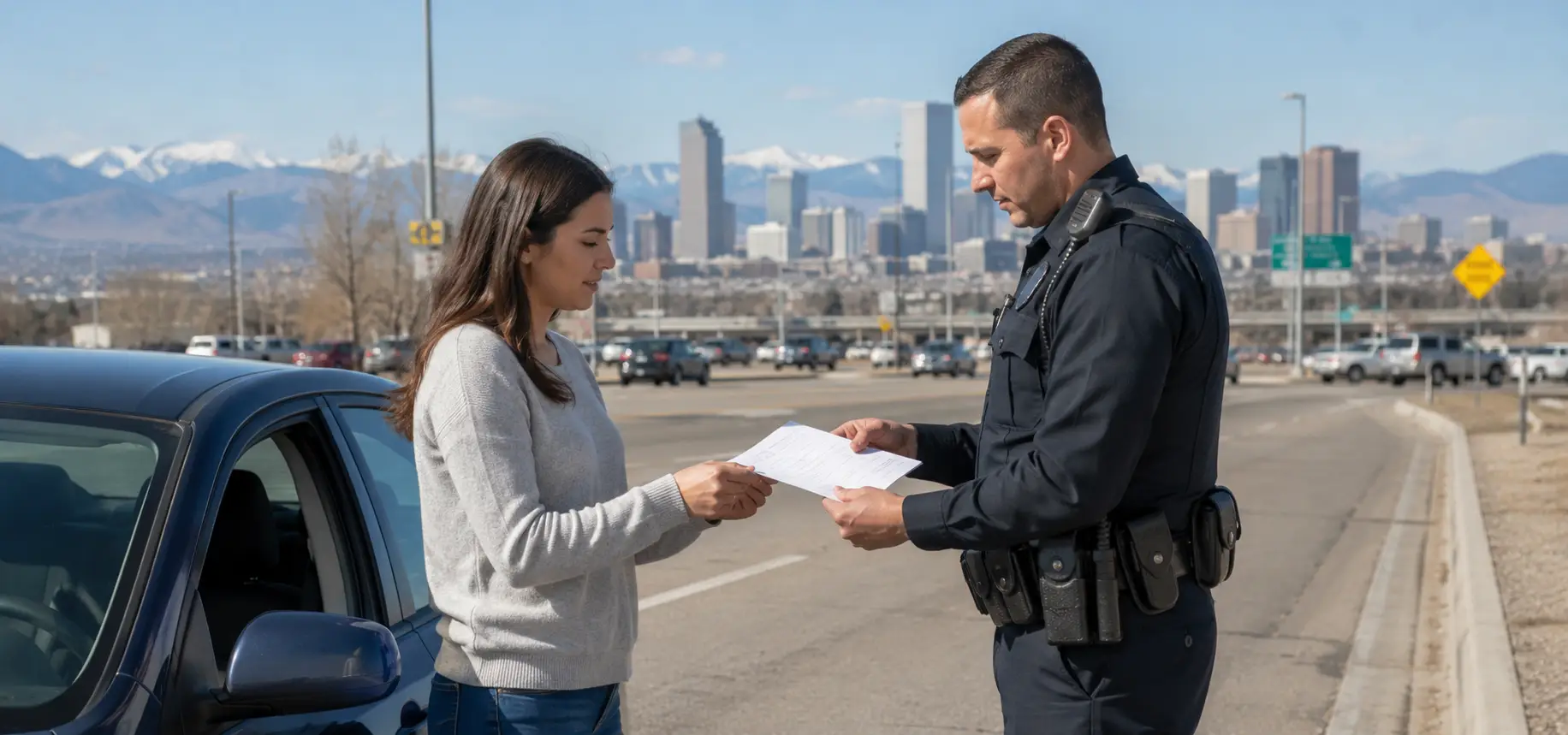 An officer handing a woman a police report.