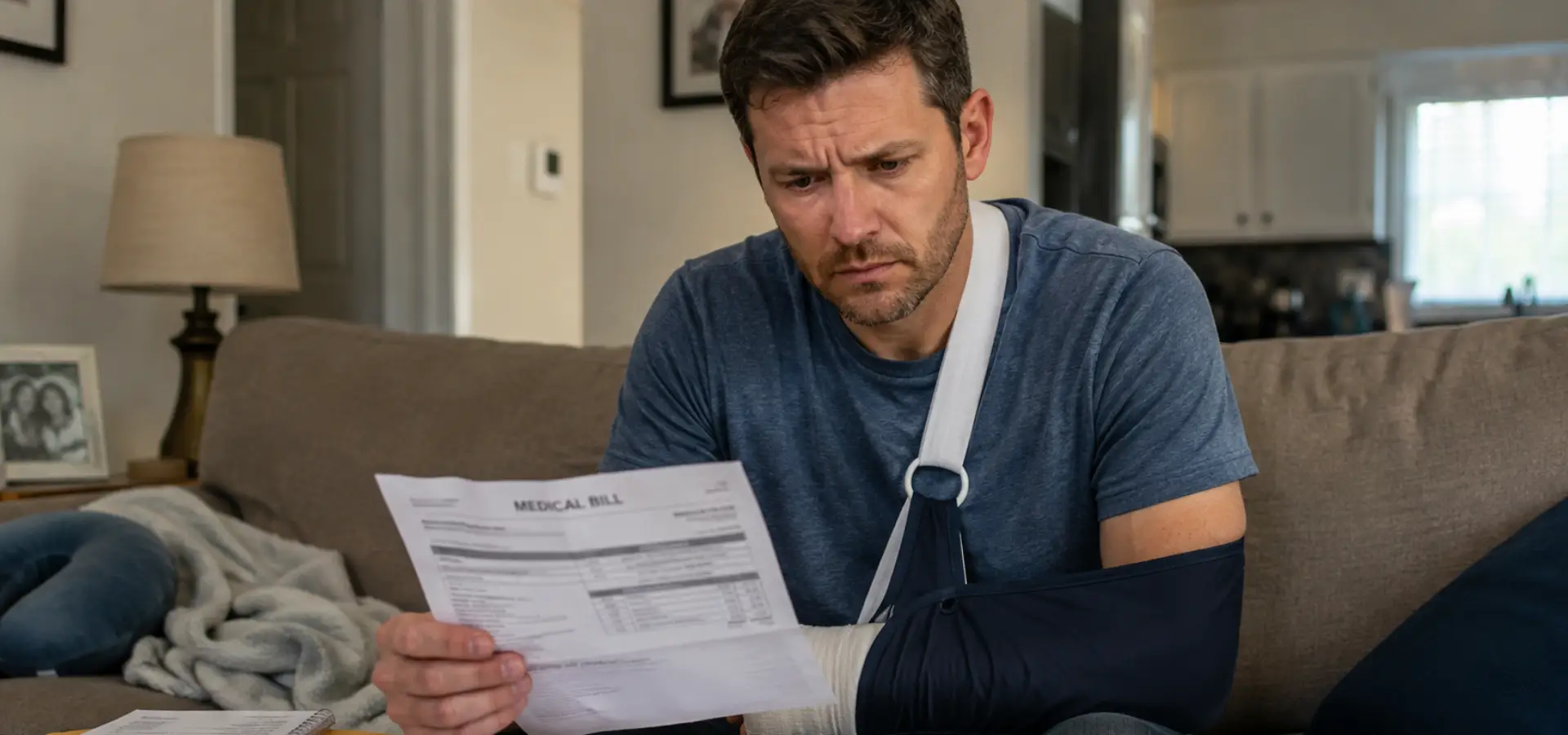 A man with a broken arm looking at stack of medical bills.