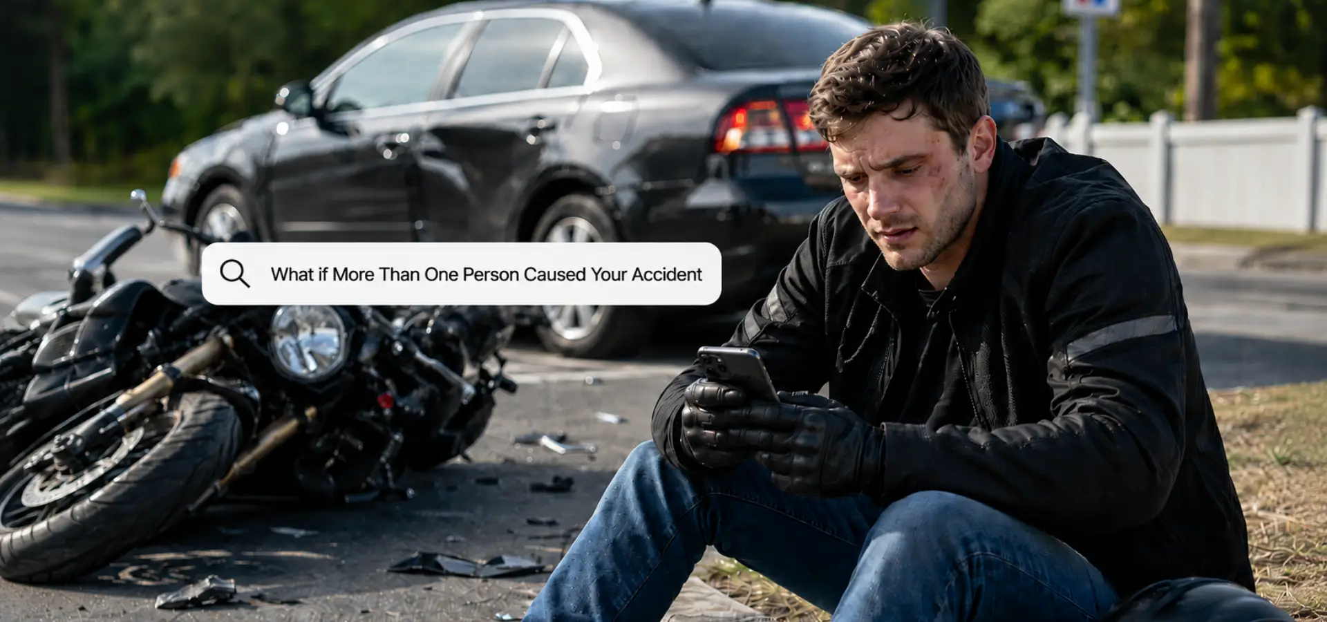 An injured motorcycle rider typing on his phone what if more than one person caused his accident.