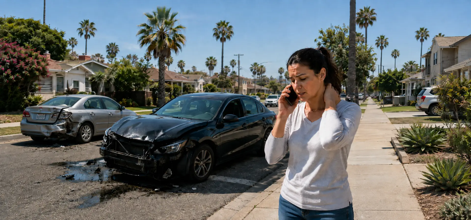 A woman on the phone after a car accident in Long Beach.