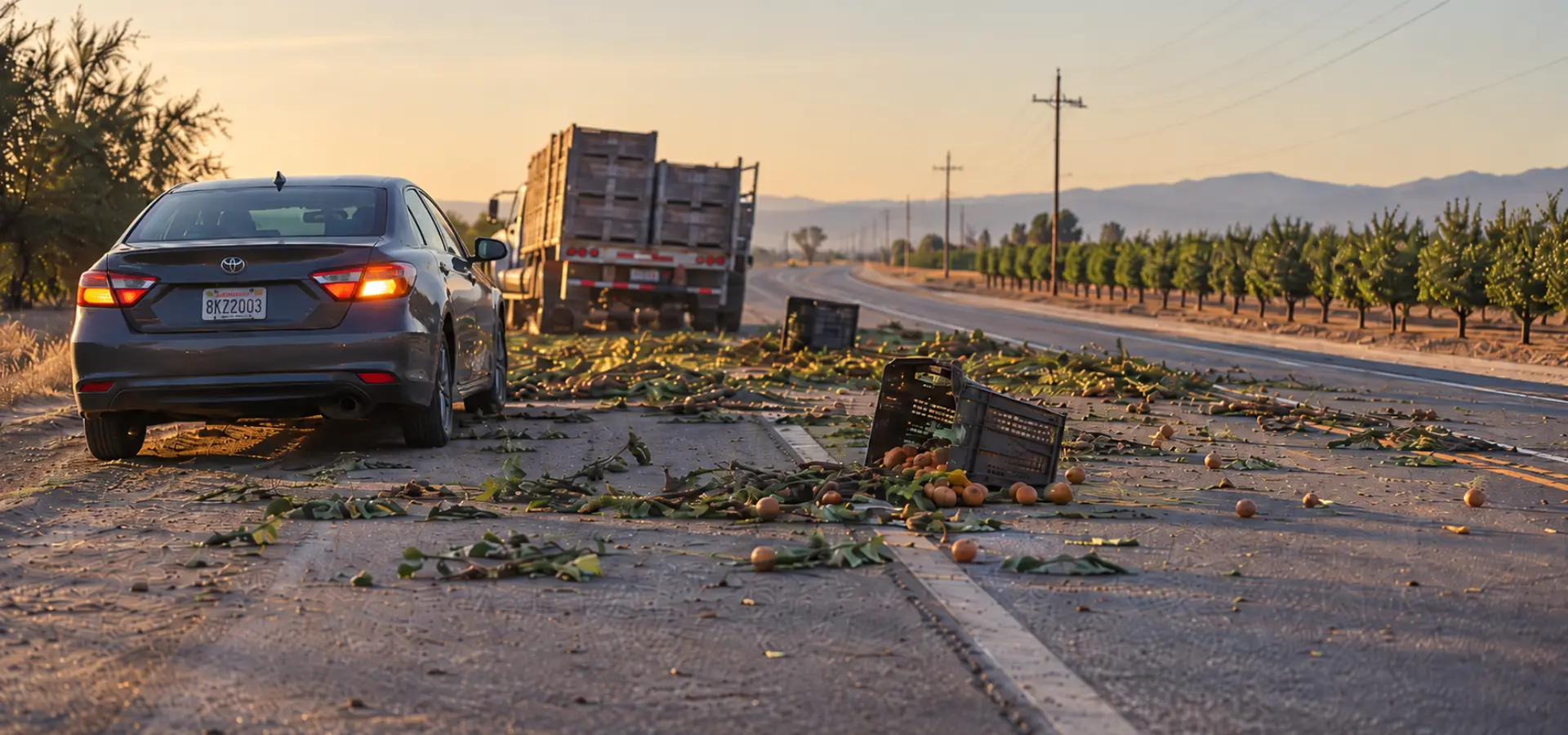 An accident scene of crates, branches, produce, and farming material spilled onto a rural road, with a car stopped nearby and hazard lights on.